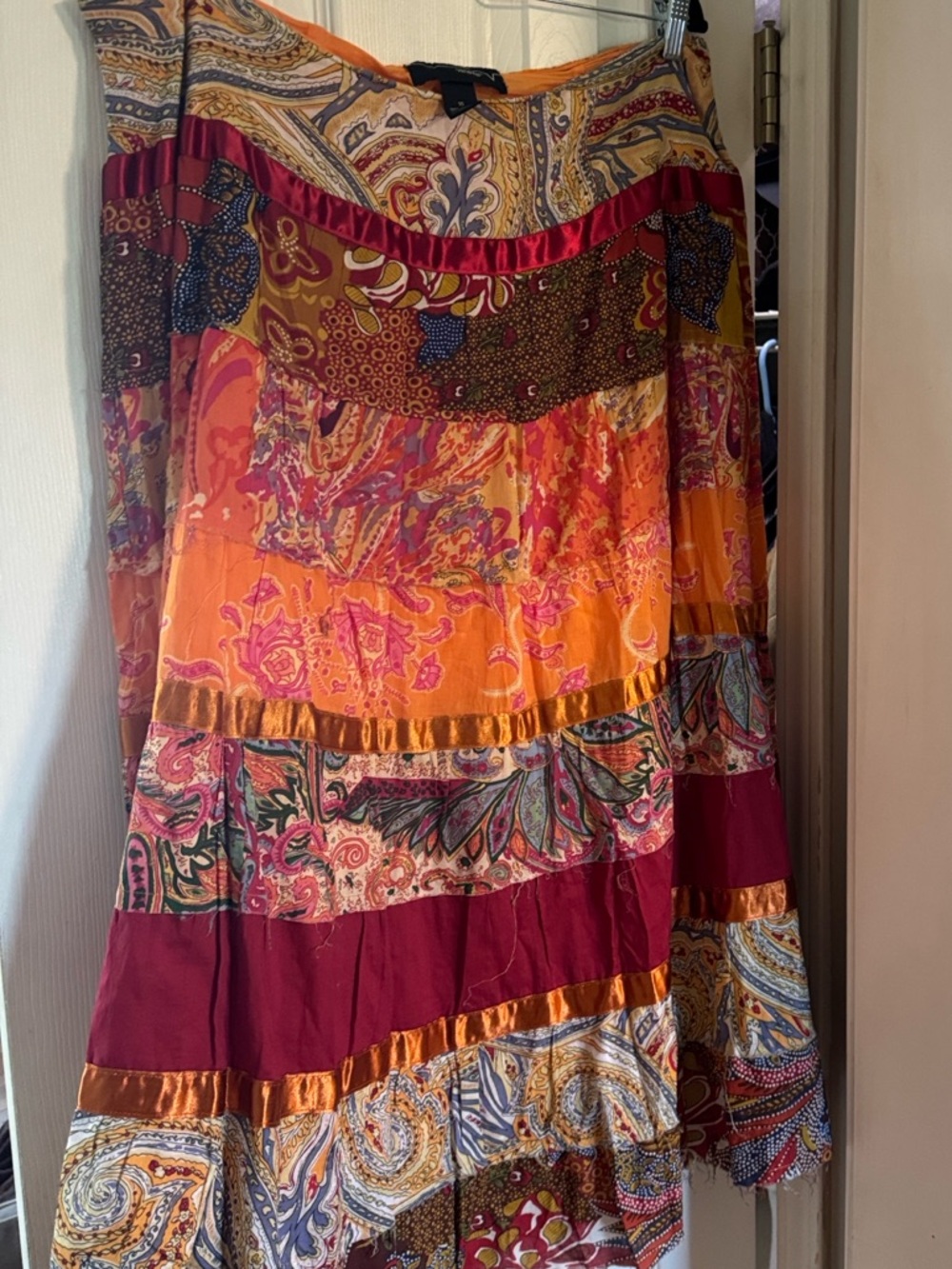 Venezia Bohemian Tiered Maxi Skirt in Orange & Burgundy
